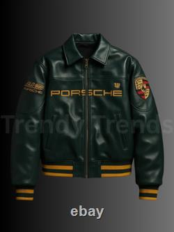 Luxury Embroidered Porsche Leather Jacket Aimé Leon Dore 993 Cowhide Biker STYLE
