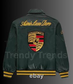 Luxury Embroidered Porsche Leather Jacket Aimé Leon Dore 993 Cowhide Biker STYLE