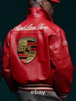 Luxury Embroidered Porsche Leather Jacket Aimé Leon Dore 993 Cowhide Biker STYLE