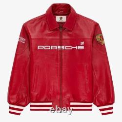 Men's Red Porsche 993 Turbo Club Genuine Leather Bomber Racing Style Jacket