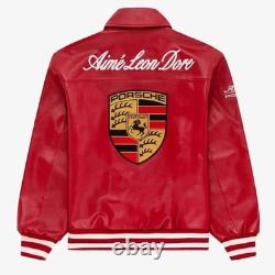 Men's Red Porsche 993 Turbo Club Genuine Leather Bomber Racing Style Jacket